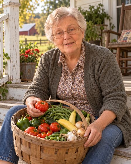 Ruth with a basket of vegetables on her porch
