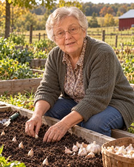 Ruth planting garlic in a raised bed