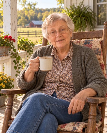 Ruth with her coffee on the porch