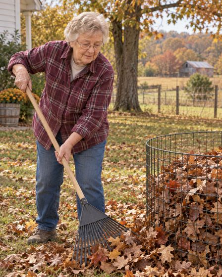 Ruth raking leaves into a wire ring